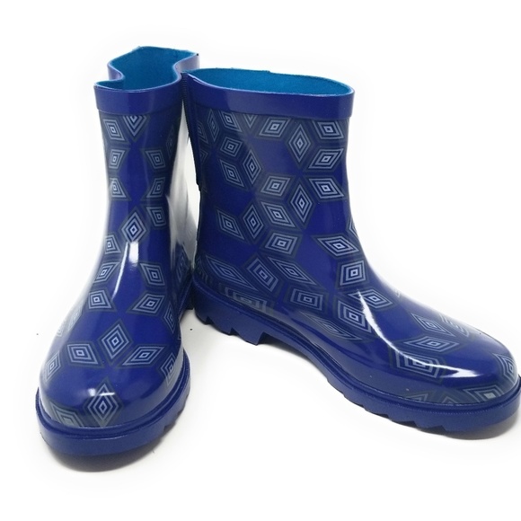 Women's Rainboots, Rubber Ankle Rain Boots, #3160, Blue Geometric Pattern - Picture 1 of 5